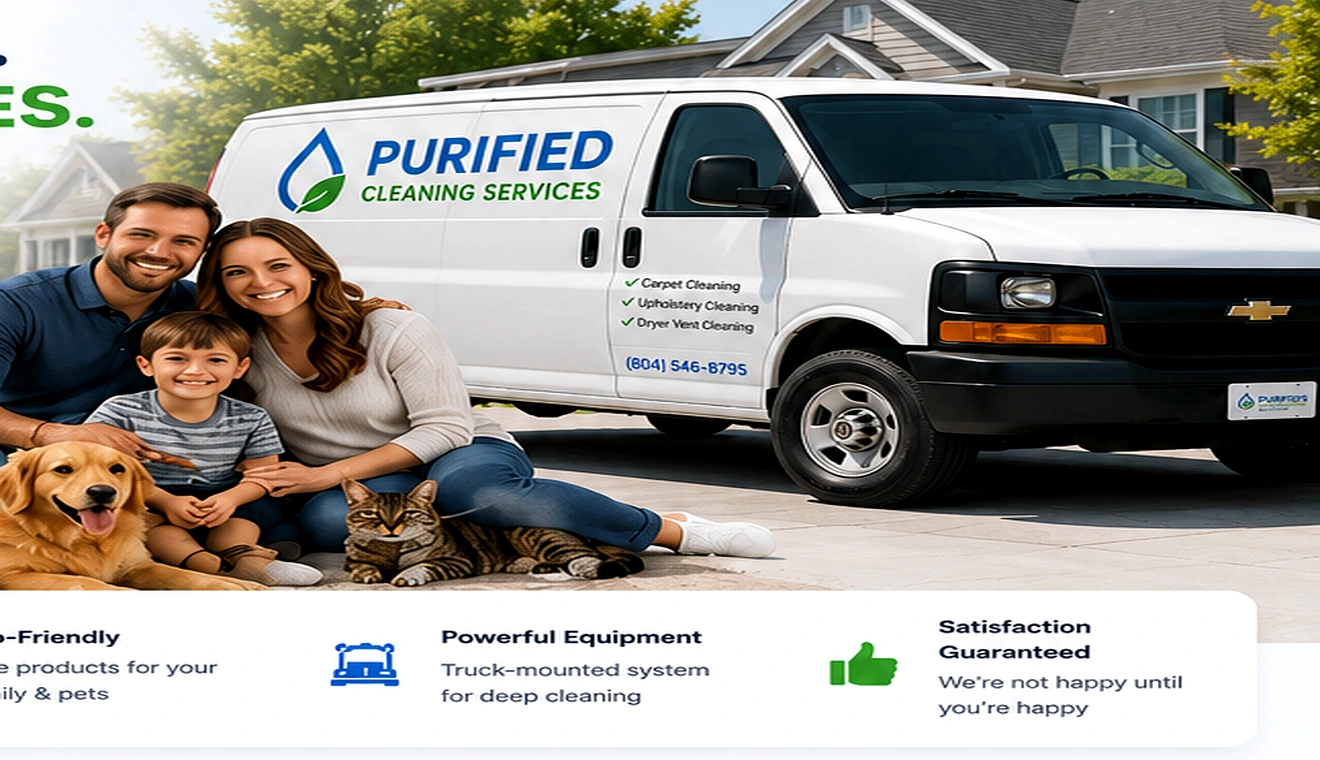 Purified cleaning service van with family, dog and cat